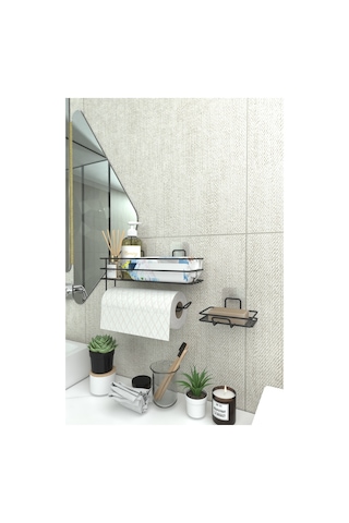 Zabata Yapışkanlı Banyo Rafı Kağıt Havlu Tutacağı Ve Metal Sabunluk Set Düzenleyici Siyah
