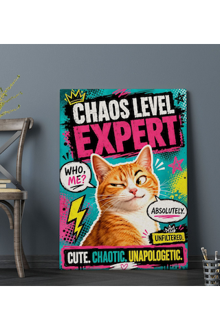 Bk Gift Chaos Level Expert Yazılı Turuncu Kedi Pop Art Eğlenceli Ve Renkli Kanvas Duvar Tablosu 50x70 Cm