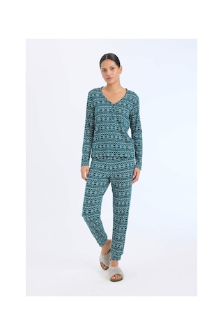 DeFacto Fall in Love Pijama Takımı Waffle Kumaş Uzun Kollu Üst Esnek Belli Uzun Alt D2284AX24WNGN1040 Yeşil