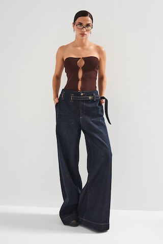 Itsbasic Kadın Koyu Kot Rengi 2w5-128 Süper Palazzo Fit %100 Koton Kemer Detaylı İç Boy 83cm Denim Jean