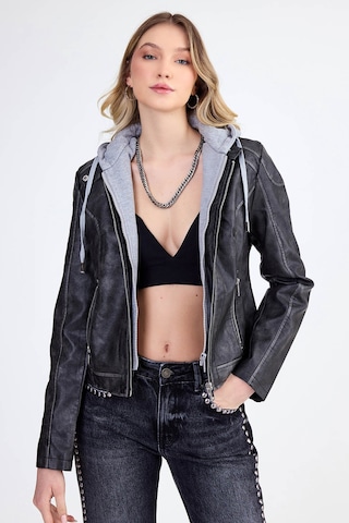 Vitrin Kapüşonlu Suni Deri Crop Biker Ceket Siyah