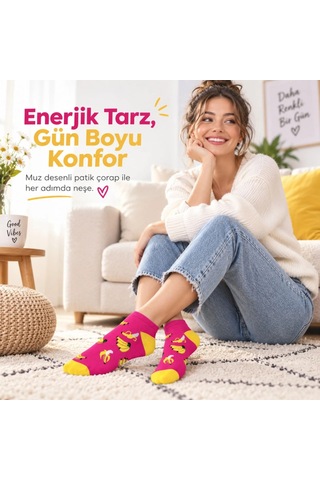 Womanandkids Wak Kadın Pembe Muz Desenli Patik Çorap 6'lı Paket Renkli, Rahat Ve Esnek Günlük Kısa Çorap Seti Çok Renkli