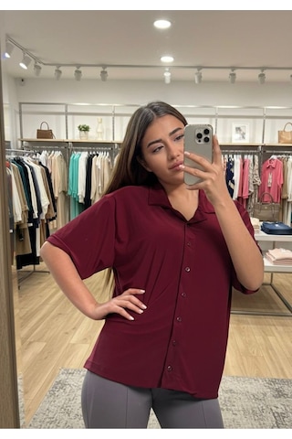 Kısa Kollu Kadın Gömlek Bordo Kısa Kollu Kadın Gömlek Bordo