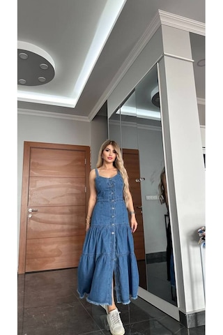 Tane Tasarım Yeni Sezon Kot Elbise Düğmeli Sırt Dekolteli Bağcık Detaylı Büyük Beden Uzun Jean Elbise Jean Denim