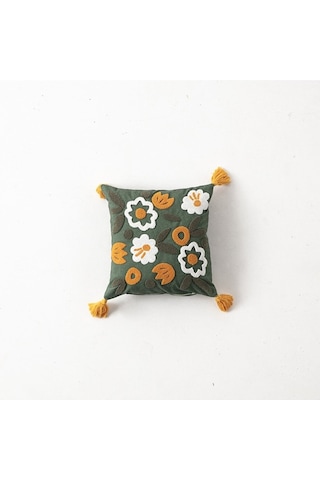 Swita Home Tekli Dekoratif Punch İşlemeli Çiçek Desen Kırlent Kılıfı Koyu Yeşil