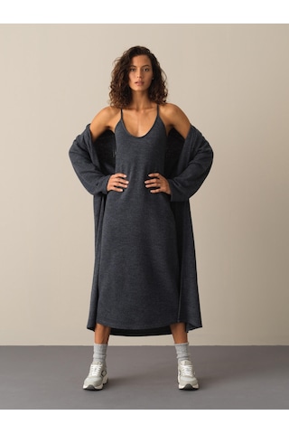 Xint Antrasit Oversize Açık V Yaka Uzun Hırka 400523