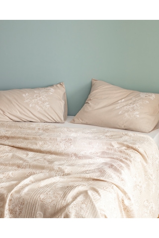 Berne Tek Kişilik Pamuklu Ecocell Baskılı Pike Takımı - Bej Ekru