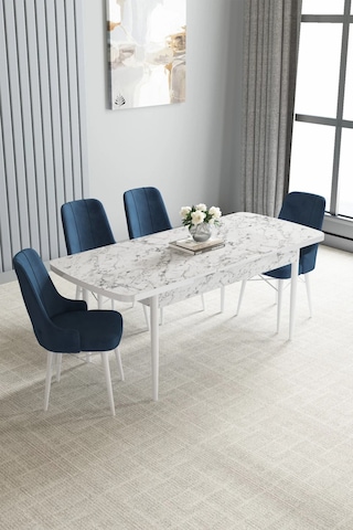 Zümra Serisi, Beyaz Mermer Desen 80x132 Açılabilir Mdf Mutfak Masası Takımı 4 Adet Sandalye Lacivert