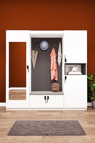 Lüks Puflu Aynalı Portmanto Askılı Vestiyer %100 Mdf Çok Raflı Modern Ayakkabılık V06 Beyaz - Antrasit