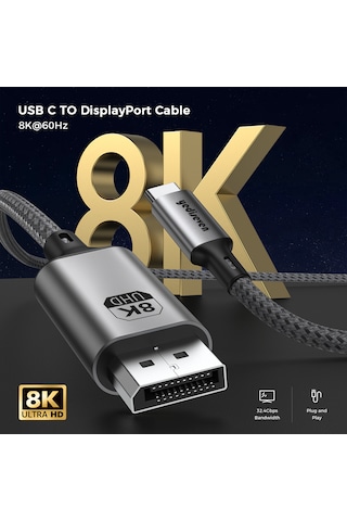Yediseven Type C To Displayport 1.4 Görüntü Aktarma Kablosu Thunderbolt 3/4 Uyumlu 8k 60hz 4k 144hz 32.4gbps Hbr3 2 Metre