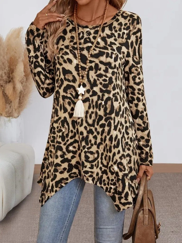 Tua Moda Kadın Uzun Kollu Bisiklet Yaka Leopar Desenli Süprem Bluz LEOPAR