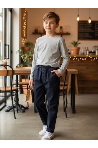 Zekids Erkek Çocuk Esnek Kumaş Beli Lastikli Pantolon-16399 Lacivert