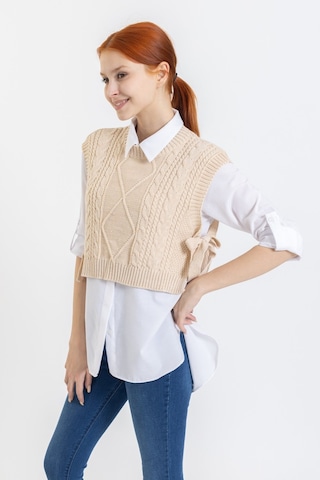 Giysa Kadın Triko Crop Süveter Bej Yandan Bağlamalı Kısa Örgü Desen Dokulu - 4014-355 Bej