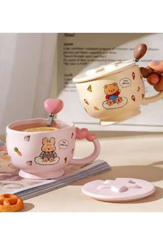 Sevimli Tavşan Ve Ayı Figürlü Kapaklı Kaşıklı Sermaik Kupa 350 Ml Pembe