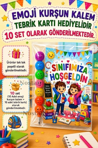 Okula Yeni Başlayan Öğrencilere Sınıfımıza Hoşgeldin Yazılı 10 Adet Hediye Seti 1. Sınıf- Sene Başı Hatırası Emoji Kurşun Kalem Tebrik Kartı Hediyeli