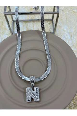 Premium Gümüş Renk Parlak Taşlı N Harf 316l Çelik Kolye 45cm