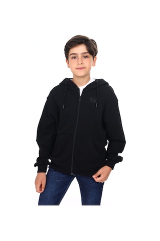 Toontoy Kids Toontoy Erkek Çocuk Kapüşonlu Fermuarlı Cepli Düşük Omuz Baskılı Örme Hırka - 3 İplik Şardonsuz Siyah