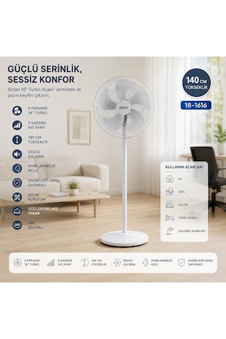 Bay Beyaz 5 Pervane - 18 Inc Ev - Ofis Kompakt - Sessiz - Üç Kademe 140cm Yükseklik Ayaklı Vantilatör Sf-6798 Bx40