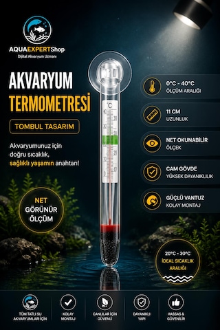 Akvaryum Tombul Termometre - Cam Termometre - Hassas Ölçüm - 0/40 Derece Arası Ölçüm - Net Görünüm - Güçlü Vantuz