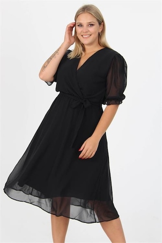 Neşeli Butik Kadın Kruvaze Yaka Midi Boy Büyük Beden Şifon Elbise Nb8062 Siyah