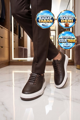 Ayakmod Lastik Bağcıklı Şık Rahat Kahve Hakiki Deri Erkek Casual Sneaker Ayakkabı 272304