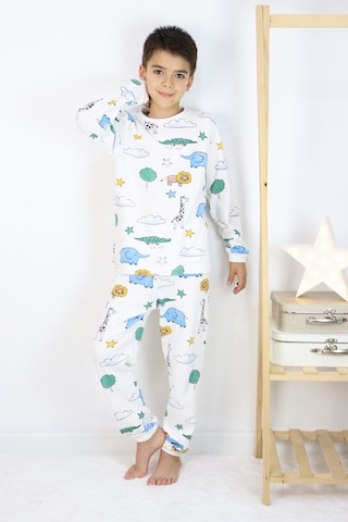 Erkek Çocuk Baskılı İnterlok Kumaş Uzun Kollu Pijama Takımı Beyaz