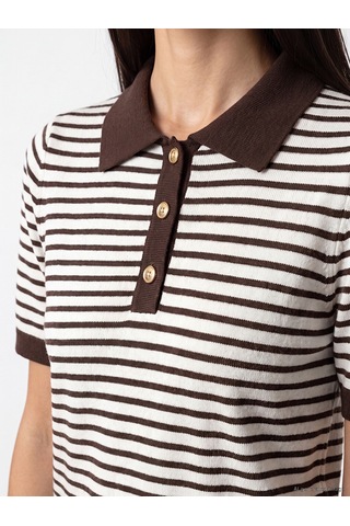 Lcwaıkıkı Classic Kahverengi Polo Yaka Çizgili Kadın Triko Kazak