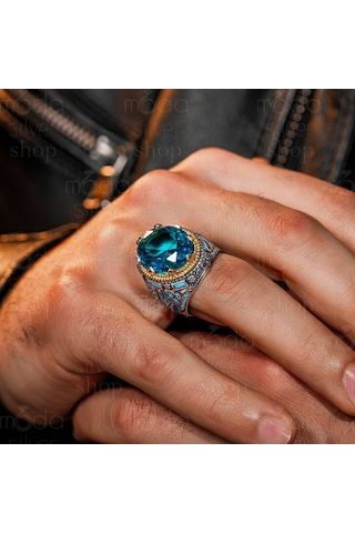 925 Ayar Gümüş Turkuaz Mineli Akuamarin Taşlı Erkek Yüzük Gümüş