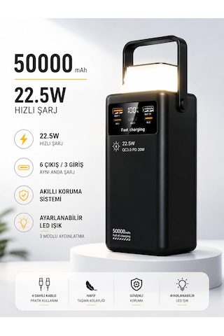 50000mah 22.5w Hızlı Şarj Powerbank Kamp Lambalı Led Işıklı Dahili Kablolu Usb Type-c Girişli siyah