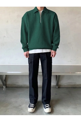 Genıus Store Erkek Polo Yaka Oversize Sweatshirt Yarım Fermuar Sweatshirt Oversıze-sweatshırt Yeşil