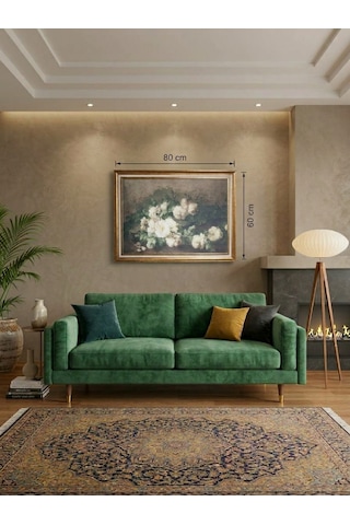 Gold Çerçeveli Vintage Dekoratif Beyaz Gül Tablo 60x80 Cm