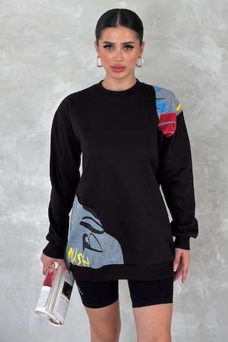 Femelle Kadın Beyaz Şardonlu Tasarım Kot Detaylı Sweatshirt siyah