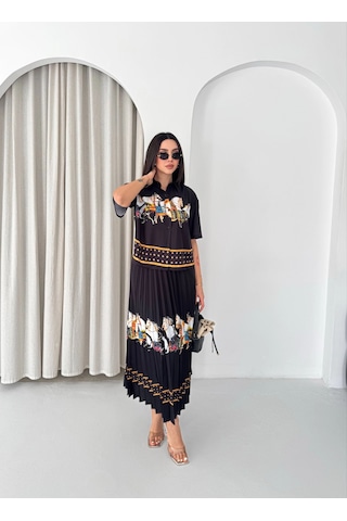 Asprinfashion Plise Etekli Baskılı Bayan Gömlek Etek Takım Siyah