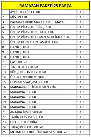 Ramazan Paketi Erzak Yardım Kolisi Paketi 25 Parça