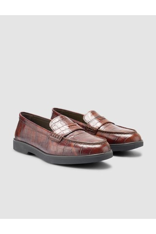 %100 Hakiki Deri Kahverengi Croco Desen Kadın Loafer Kahverengi