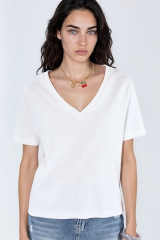 Hiccup Busem V Yaka Düz Regular Fit Pamuk T-shirt Beyaz