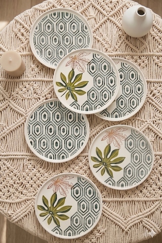 Botanik 6'lı Seramik Pasta Tabağı Seti Yaprak Desenli Tatlı Ve Sunum Tabağı 20 Cm Lüx Kahvaltı Tabağı Beyaz