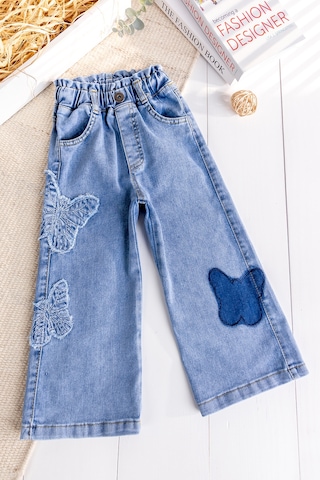 Babymod Kelebek İşlemeli Denim Kız Çocuk Kot Pantolon Mavi