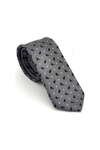 Gaffy Beyaz Lacivert Desenli Gri Dokuma Kumaş Mendilli Slim Fit Kravat // Sdk-2612-3 Gri