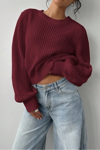 Tarz Cool Kadın Bordo Oversize Bisiklet Yaka Balon Kol Fitilli Triko Kazak Bordo