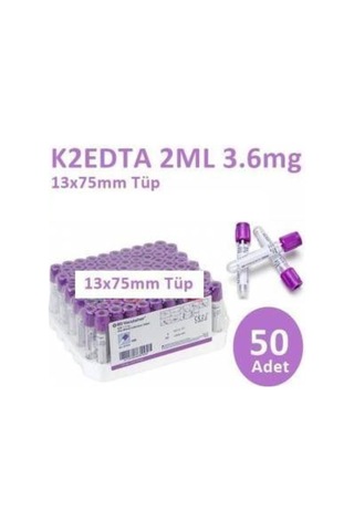 50 Adet Kan Alma Tüpü, Mor Kapak, K2e K2edta 2ml 3.6mg 13x75mm, Bd Vacutainer