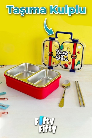 700 Ml İki Bölme Paslanmaz Çelik Bento Lunch Box Yeni Nesil Sefer Tası Metal Kaşık Hediyeli Ff7155 Kırmızı