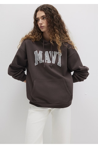 Mavi - Mavi Logo Baskılı Kapüşonlu Kahverengi Sweatshirt 1600361-70222 Kahverengi