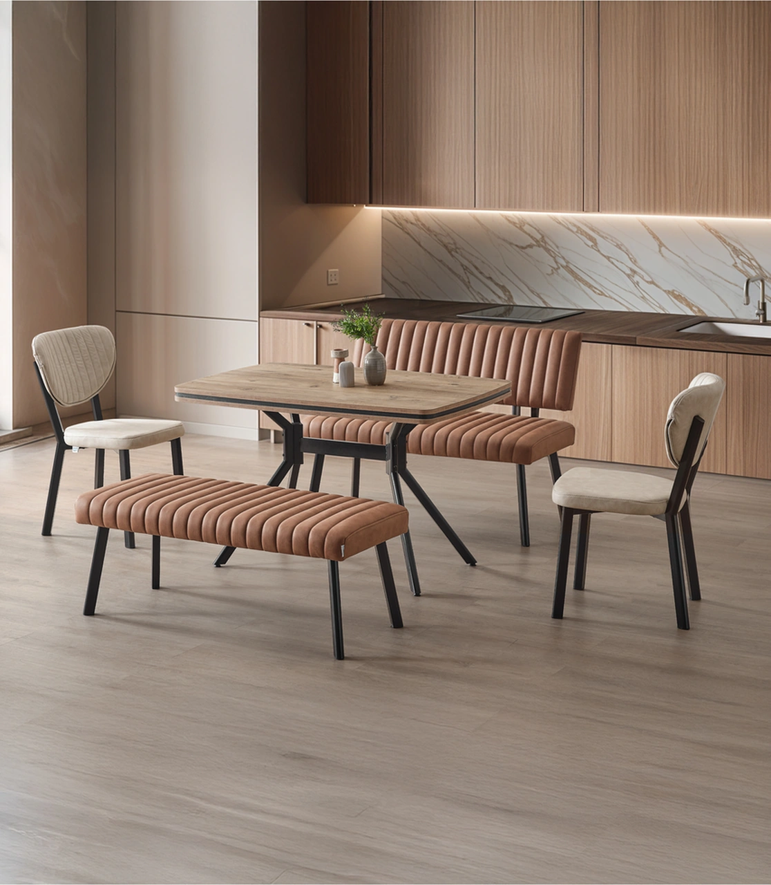 Dengema Koza Bank Yemek Masası Takımı 80 120 Cm Ceviz Desen, 2 Taba Bank, 2 Sandalyeli Ceviz Desen - Taba Bank