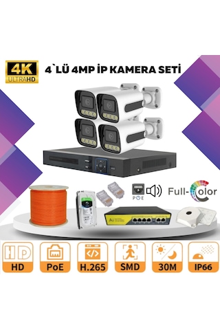 Go Vision 4'lü Güvenlik Ip Kamera Seti - 4mp Dış Mekan Kamera, 3.6mm Lens, H.265, Poe, Warm Led Gece Görüşlü