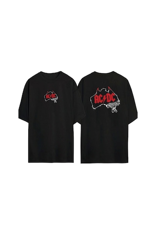 Thewert Unisex Ac Dc Logosu Ön Arka Baskılı Sıyah Oversize T-shirt Siyah