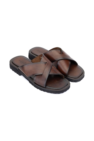 Sandals Factory Erkek Hakiki Deri Kahverengi Düz Terlik 741 M7280 Erk Trlk Y24 Brown Kahverengi