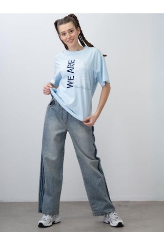 Zekids Kız Çocuk Kordon Detaylı Oversize Denim Pantolon-15529 Mavi