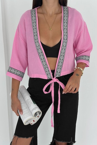 Noa & Noa Kadın Bağlamalı Dekor Şeritli Crop Top Gömlek Street Muse Pembe