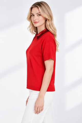 Bihan Store Pul Payet Yakalı Kısa Kollu Kadın Bluz W27-2922-kırmızı